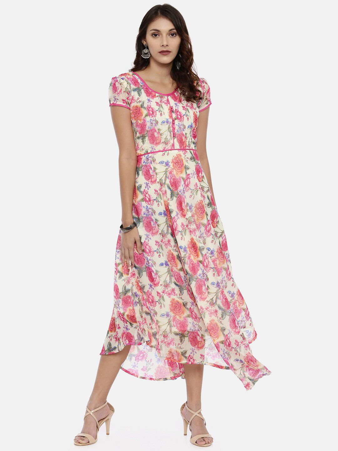 Souchii Women Off-White & Pink Floral Printed A-Line Dress Price in India