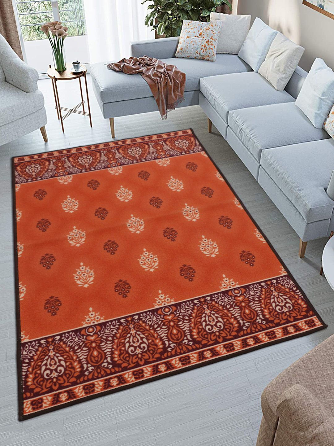RUGSMITH Orange & White Floral Printed Premium Quality Anti-Skid Carpet Price in India