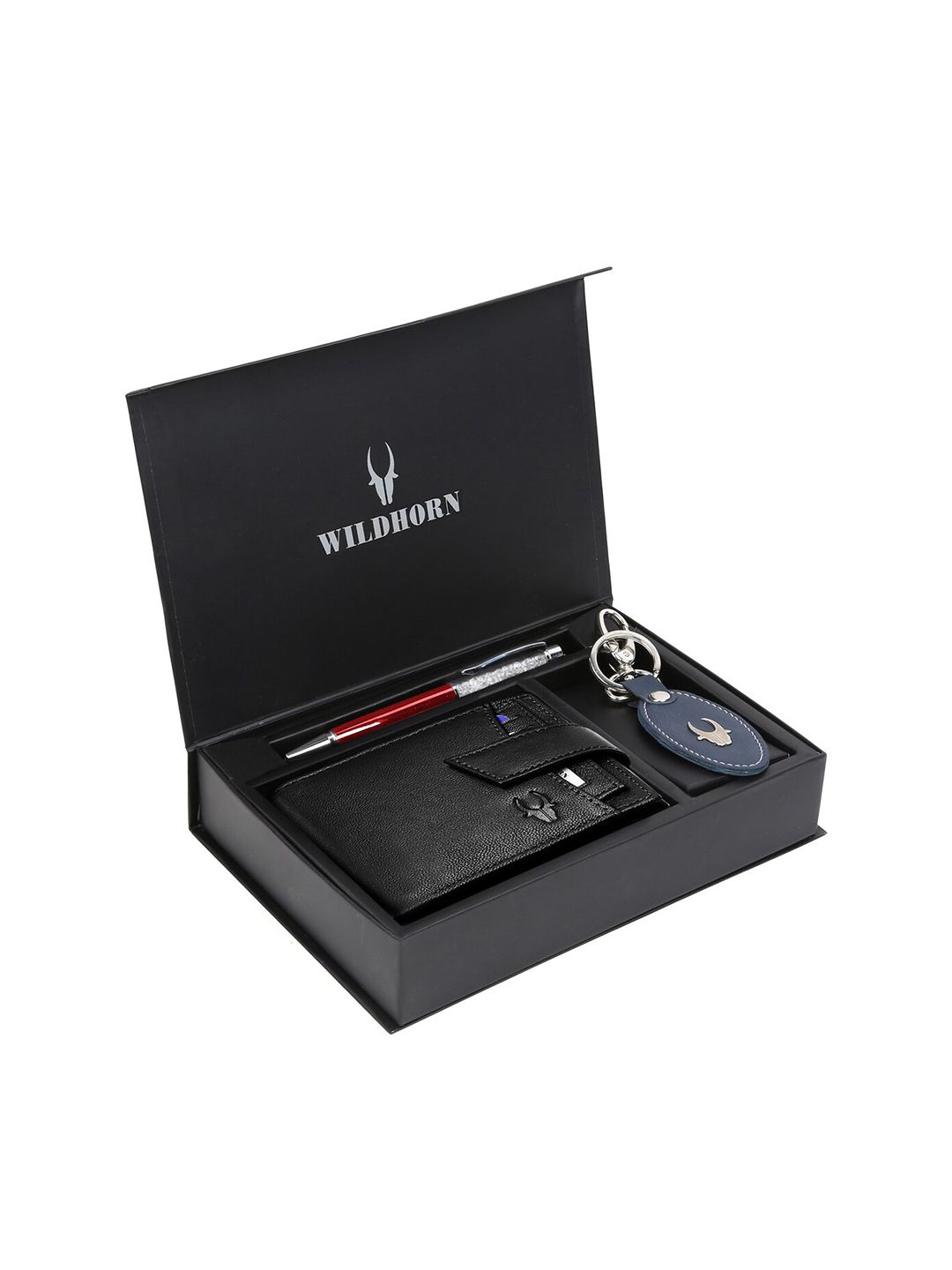 WildHorn Men Black & Blue RFID Protected Genuine High Quality Leather Accessory Gift Set