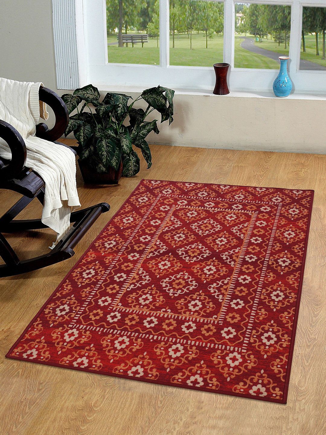 RUGSMITH Red & Yellow Printed Premium Quality Anti-Skid Carpet Price in India