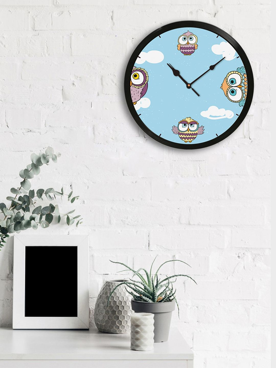 eCraftIndia Black & Turquoise Blue Round Owl Printed 31 cm Analogue Wall Clock Price in India