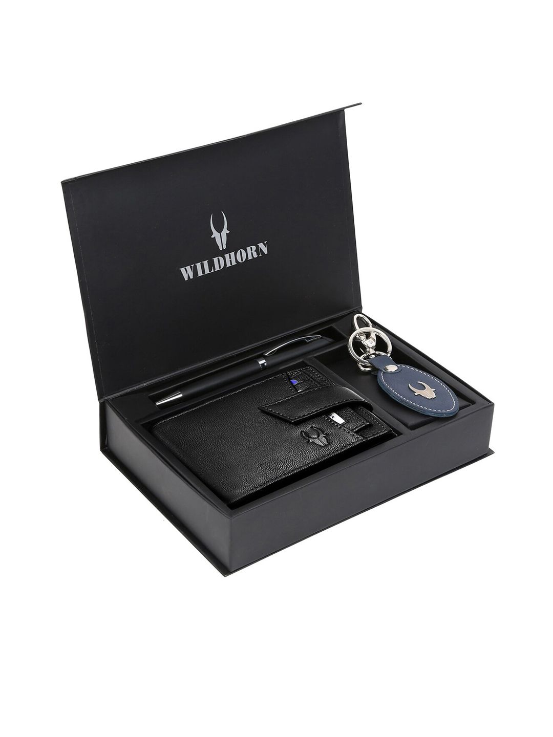 WildHorn Men Black & Blue RFID Protected Genuine Leather Accessory Gift Set