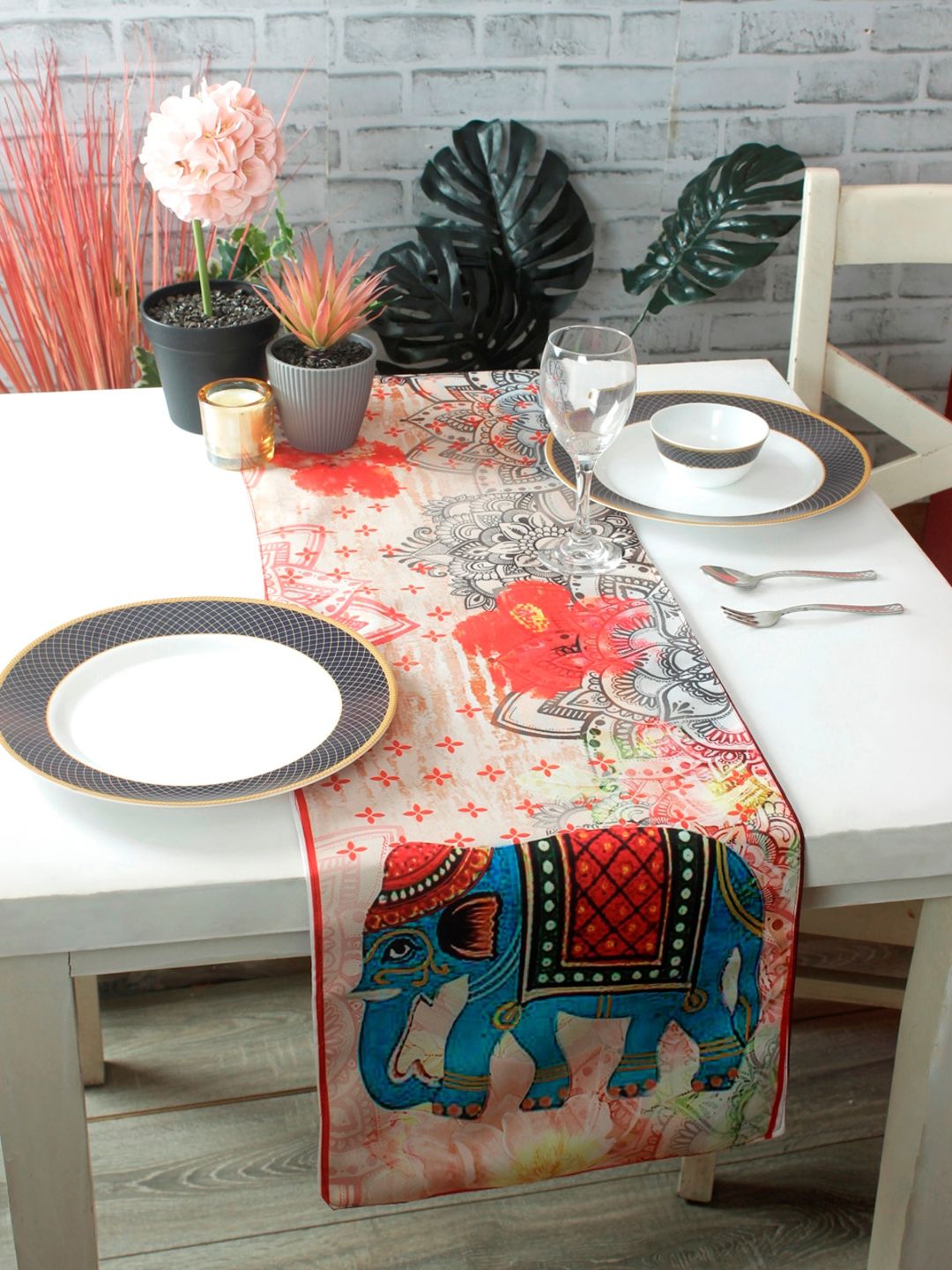 ROMEE Cream-Coloured & Red Ethnic Printed Table Runner Price in India