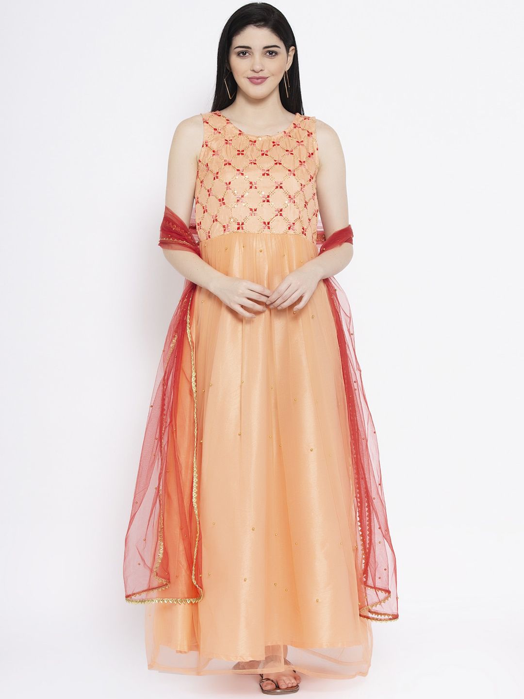 studio rasa Women Coral Orange Embellished Ethnic Maxi Dress