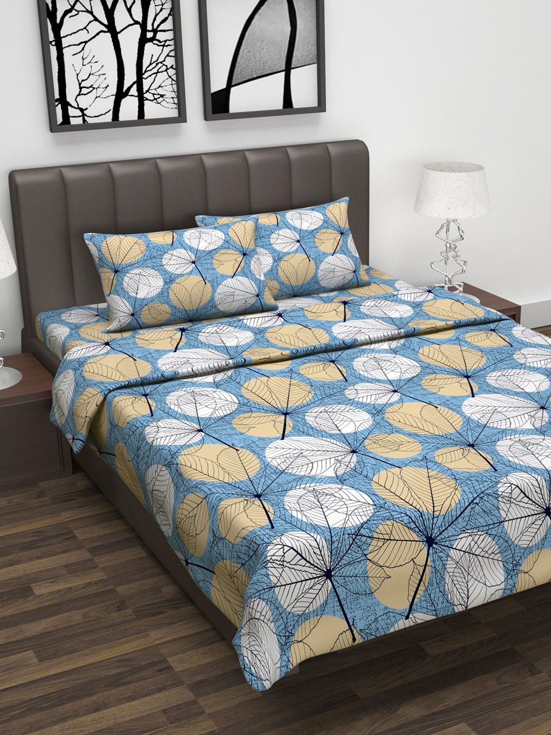 Divine Casa Unisex Blue & Beige Floral Printed Double King Bedsheet With 2 Pillow Covers & Dohar Price in India