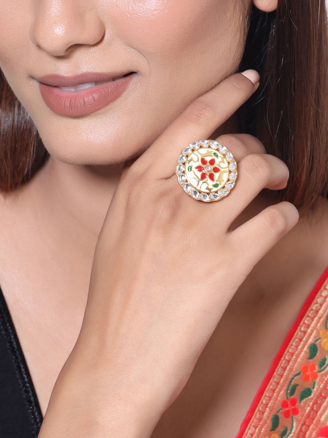 Studio Voylla Gold-Plated Red & White Kundan-Studded Sangemarmar Floral Motifs Finger Ring Price in India