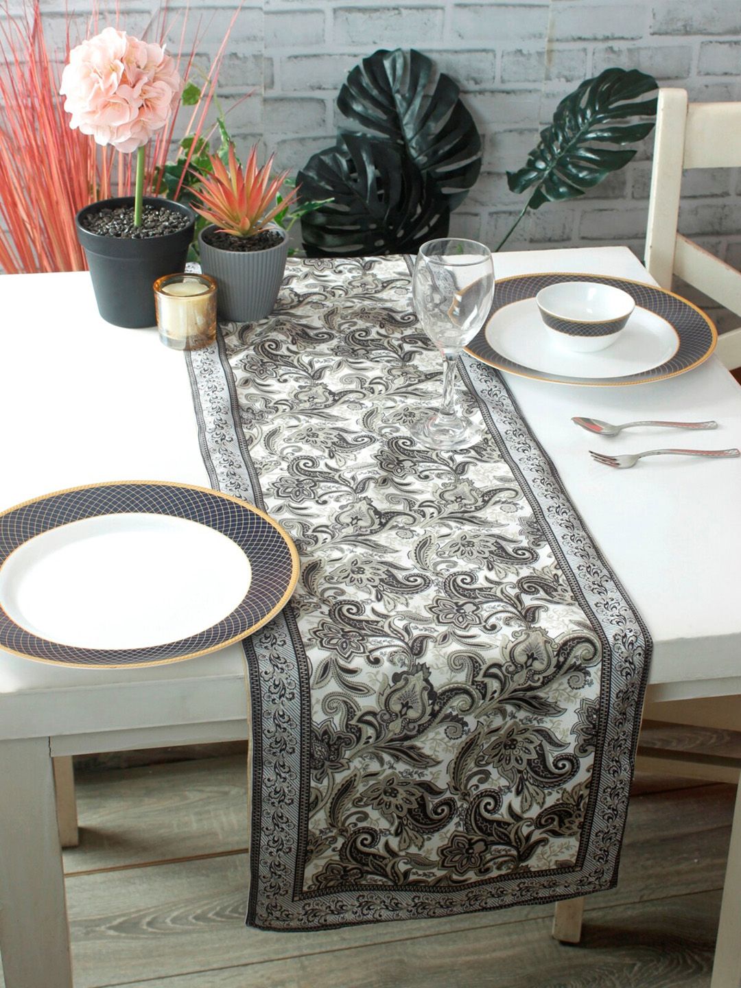 ROMEE Unisex Off-White & Black Paisley Printed Table Runner Price in India