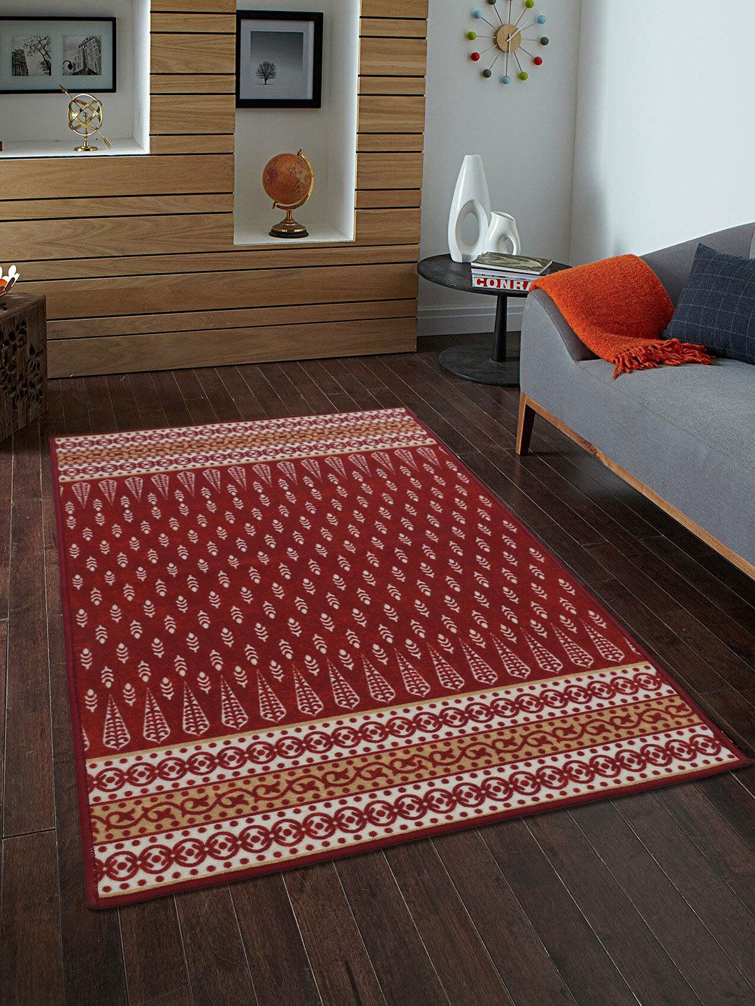 RUGSMITH Maroon & White Printed Premium Quality Anti-Skid Carpet Price in India