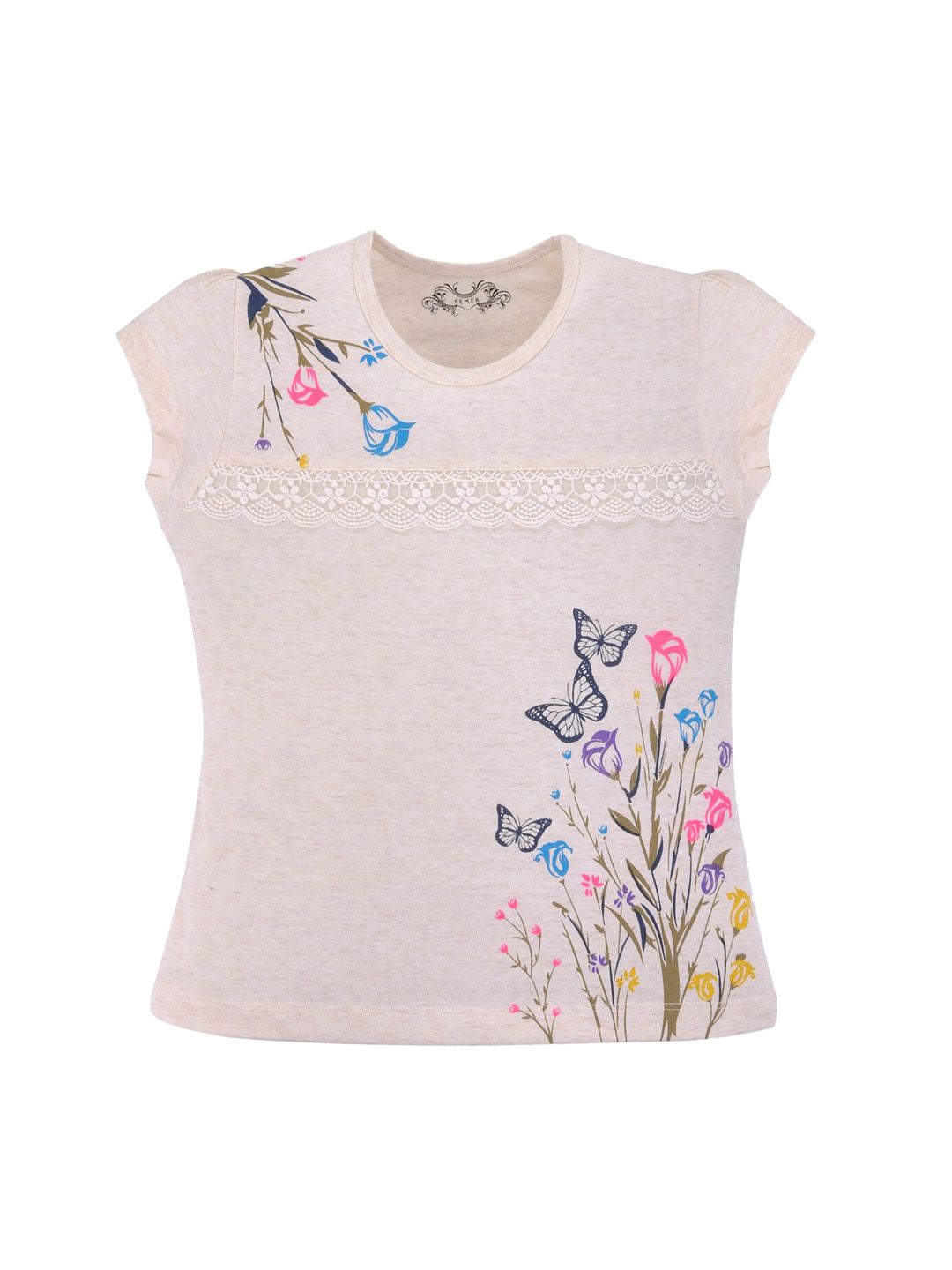 FEMEA Girls Cream-Coloured Floral Printed Pure Cotton Top