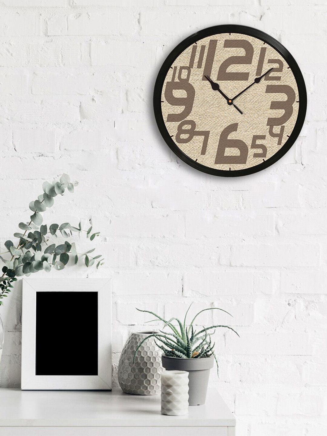 eCraftIndia Black & Beige Round Printed 31cm Analogue Wall Clock Price in India