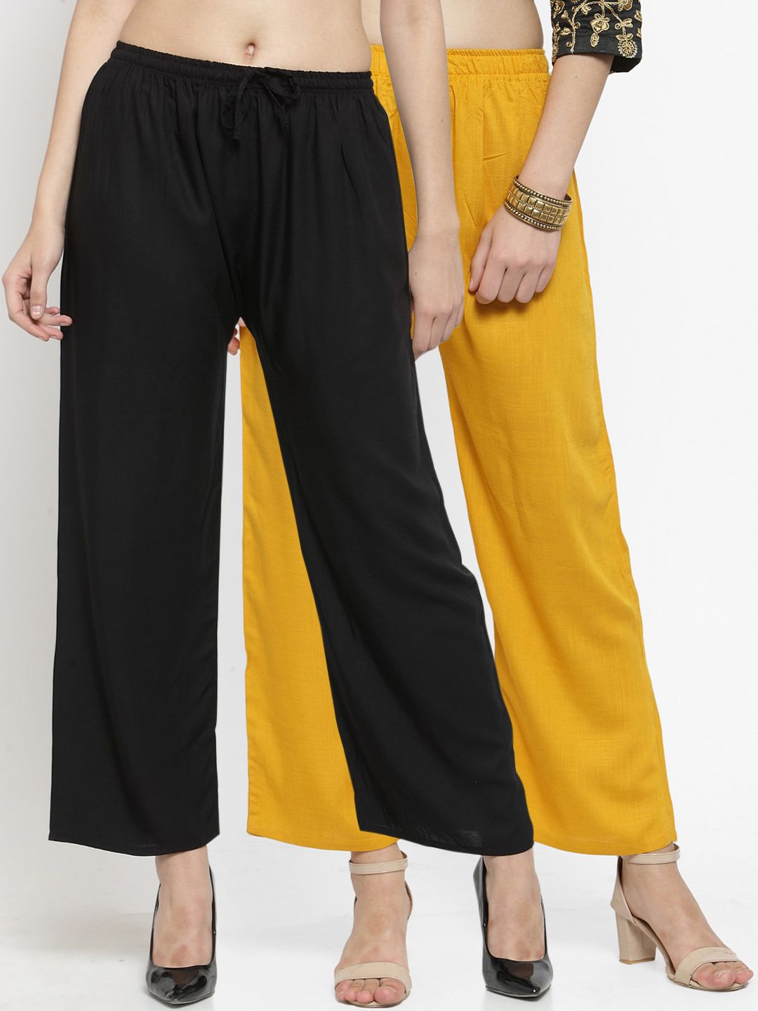 Clora Creation Women Pack Of 2 Black & Yellow Solid Straight Palazzos Price in India