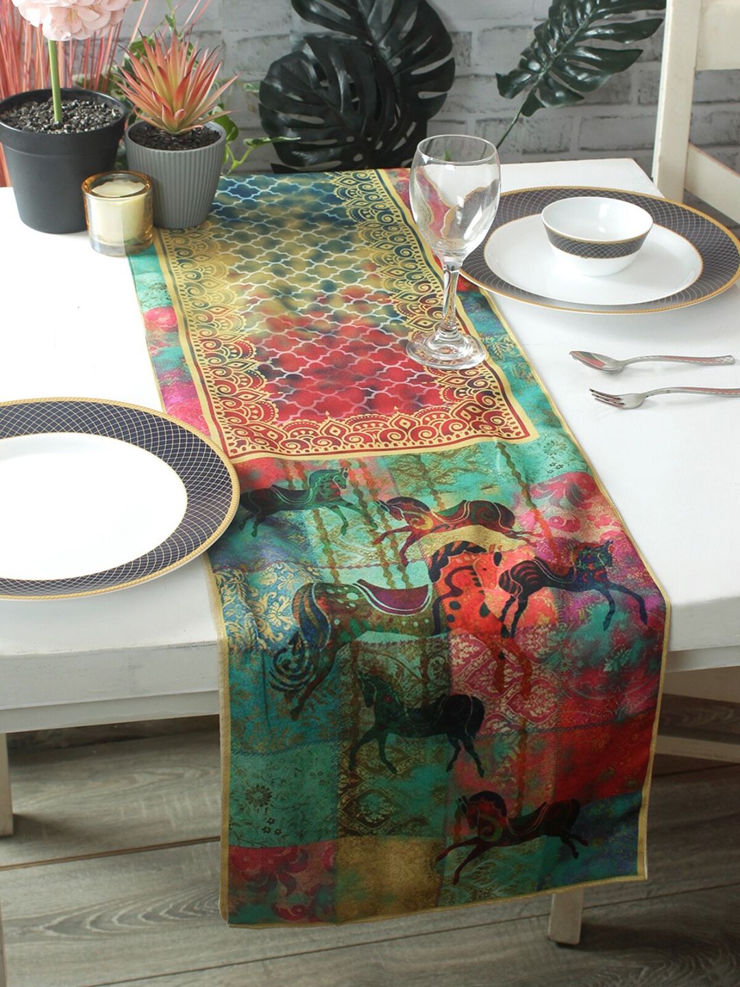 ROMEE Green & Red Abstract Printed Table Runner Price in India