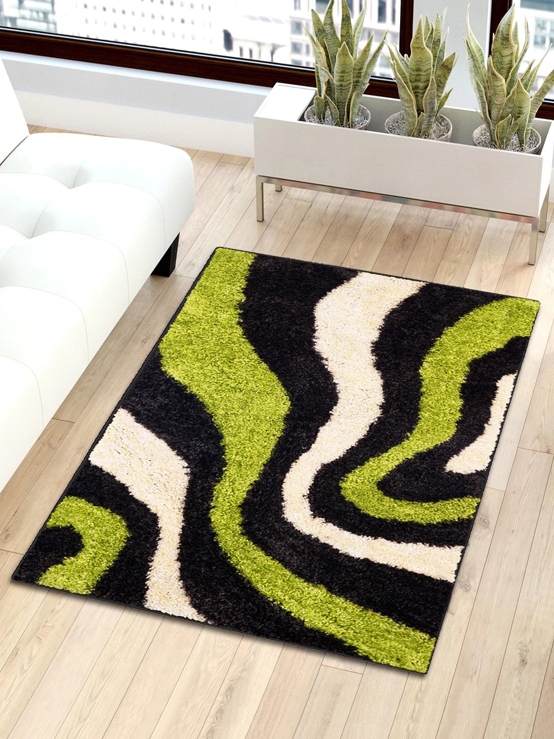 Story@home Black & Green Striped Shaggy Anti-Skid Fur Carpet Price in India