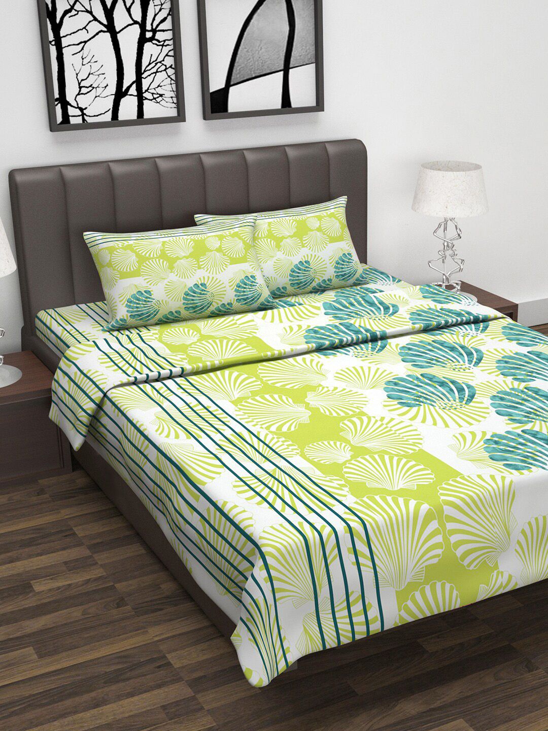 Divine Casa Green & Blue Floral Printed Double Queen Bedsheet With 2 Pillow Covers & Dohar Price in India