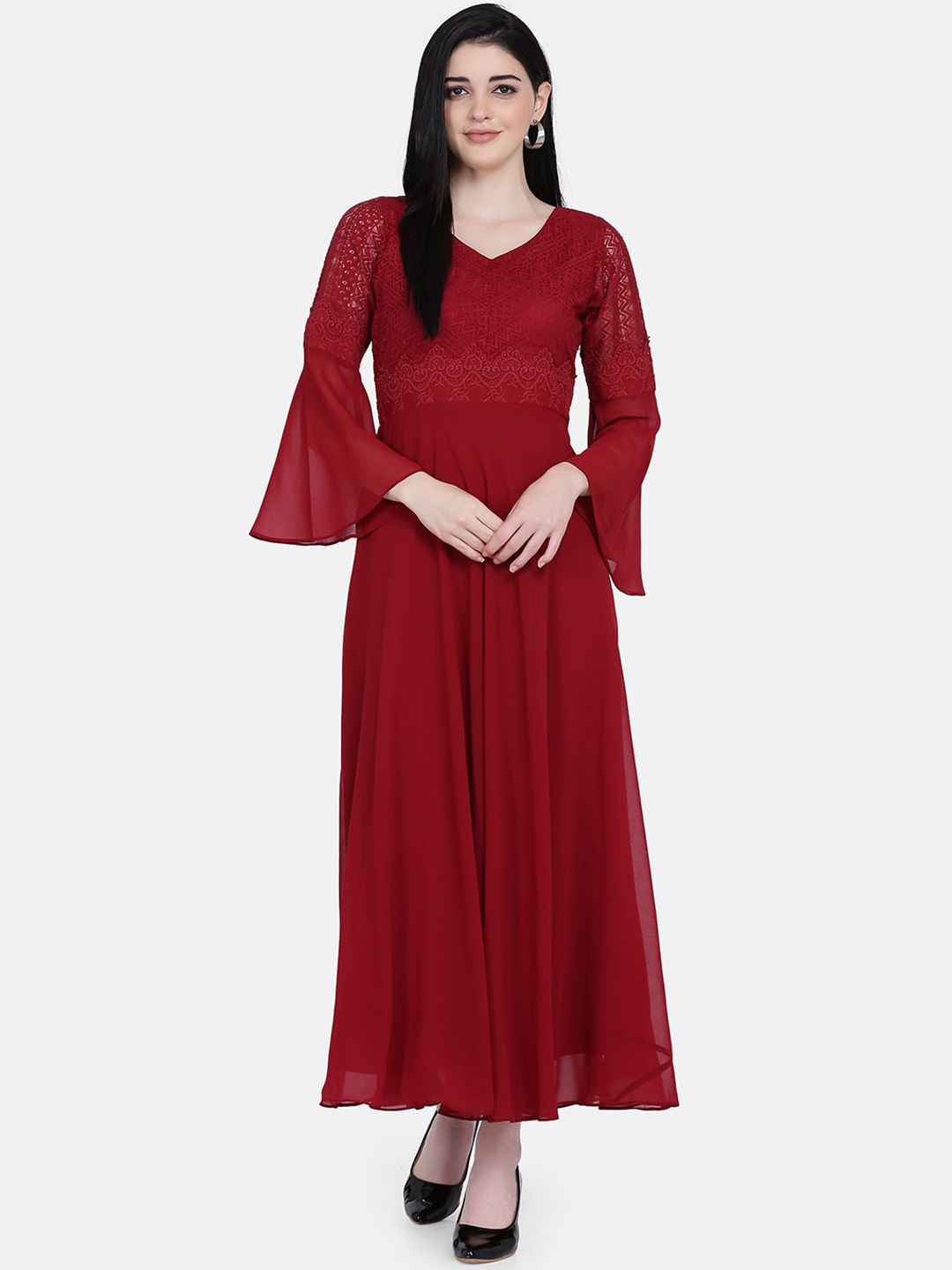 Eavan Women Maroon Self Design Lace Maxi Dress