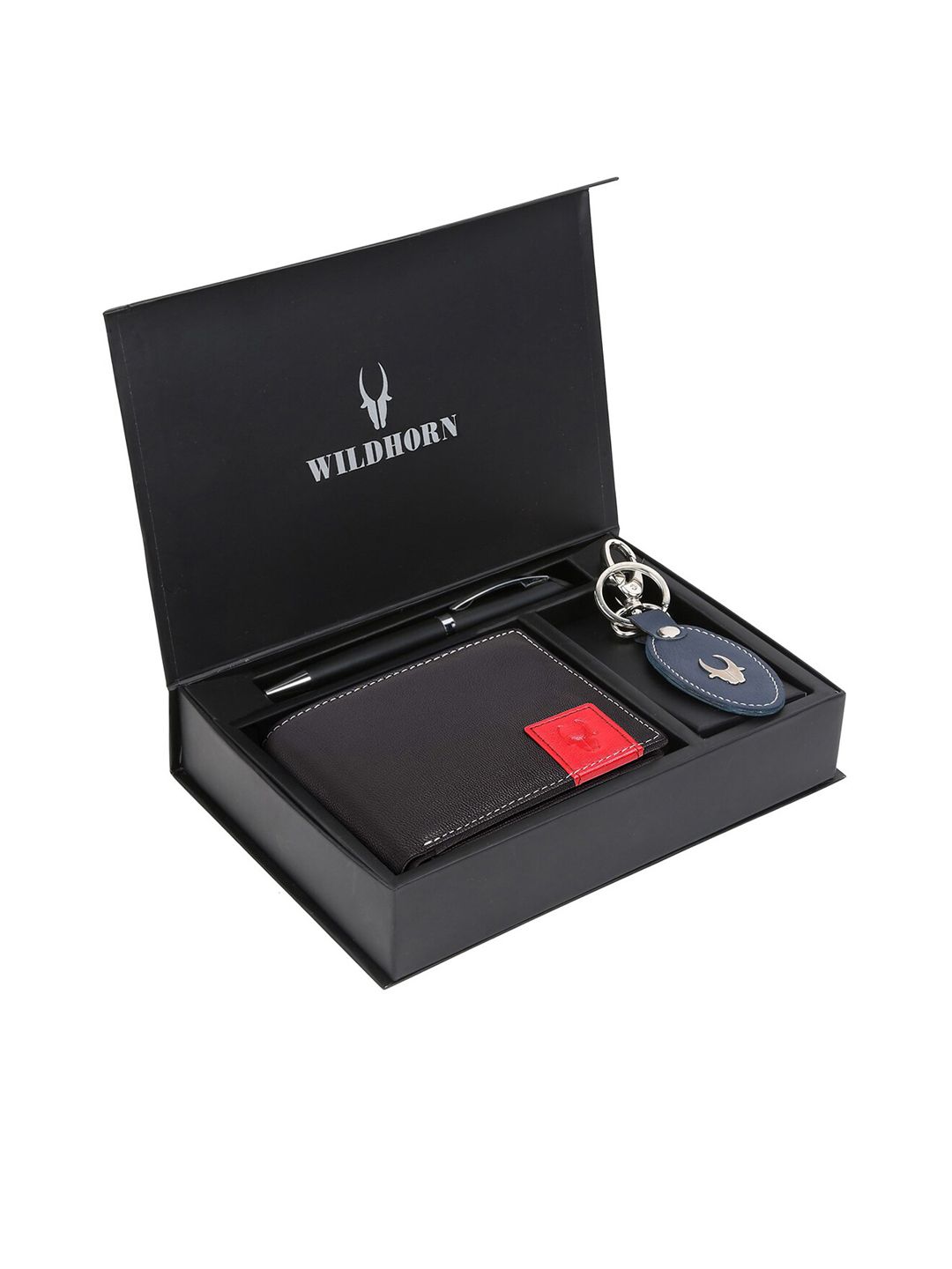 WildHorn Men Black & Blue RFID Protected Genuine Leather Accessory Gift Set