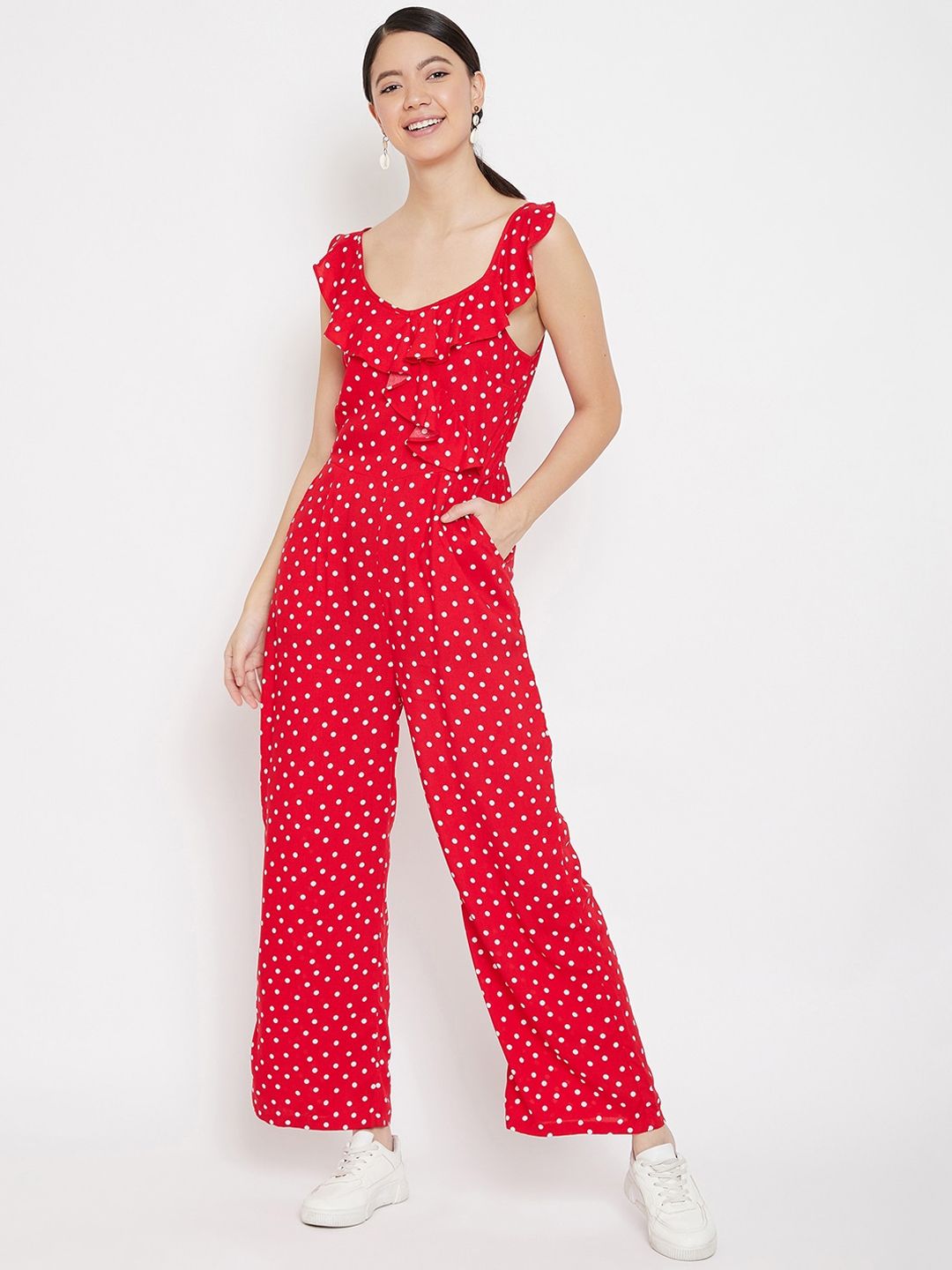 Femella Women Red & White Printed Basic Jumpsuit