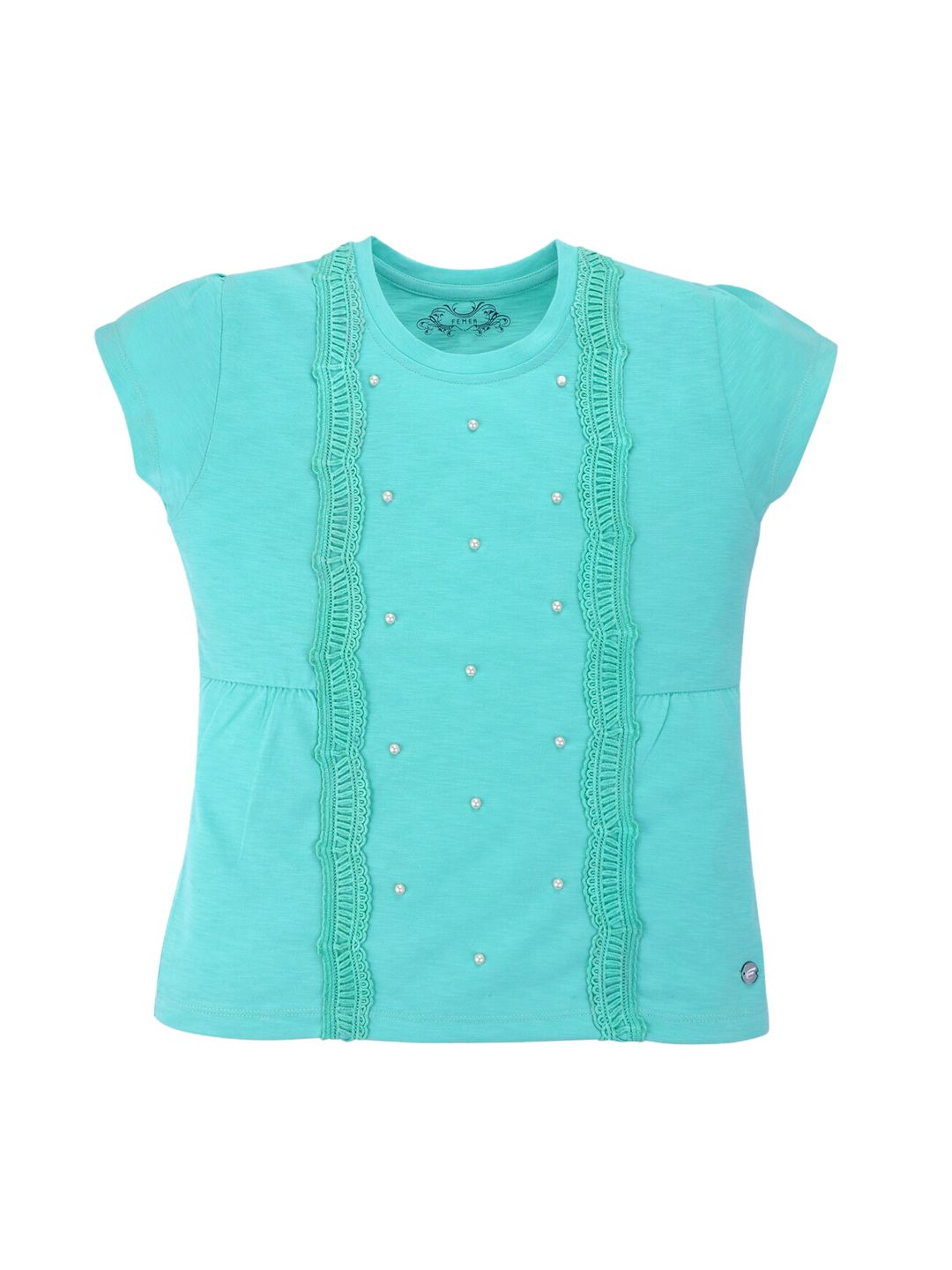FEMEA Girls Green Embellished Pure Cotton Top