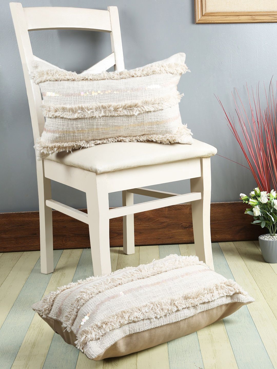 eyda Cream-Coloured Set of 2 Self Design Rectangle Cushion Covers Price in India