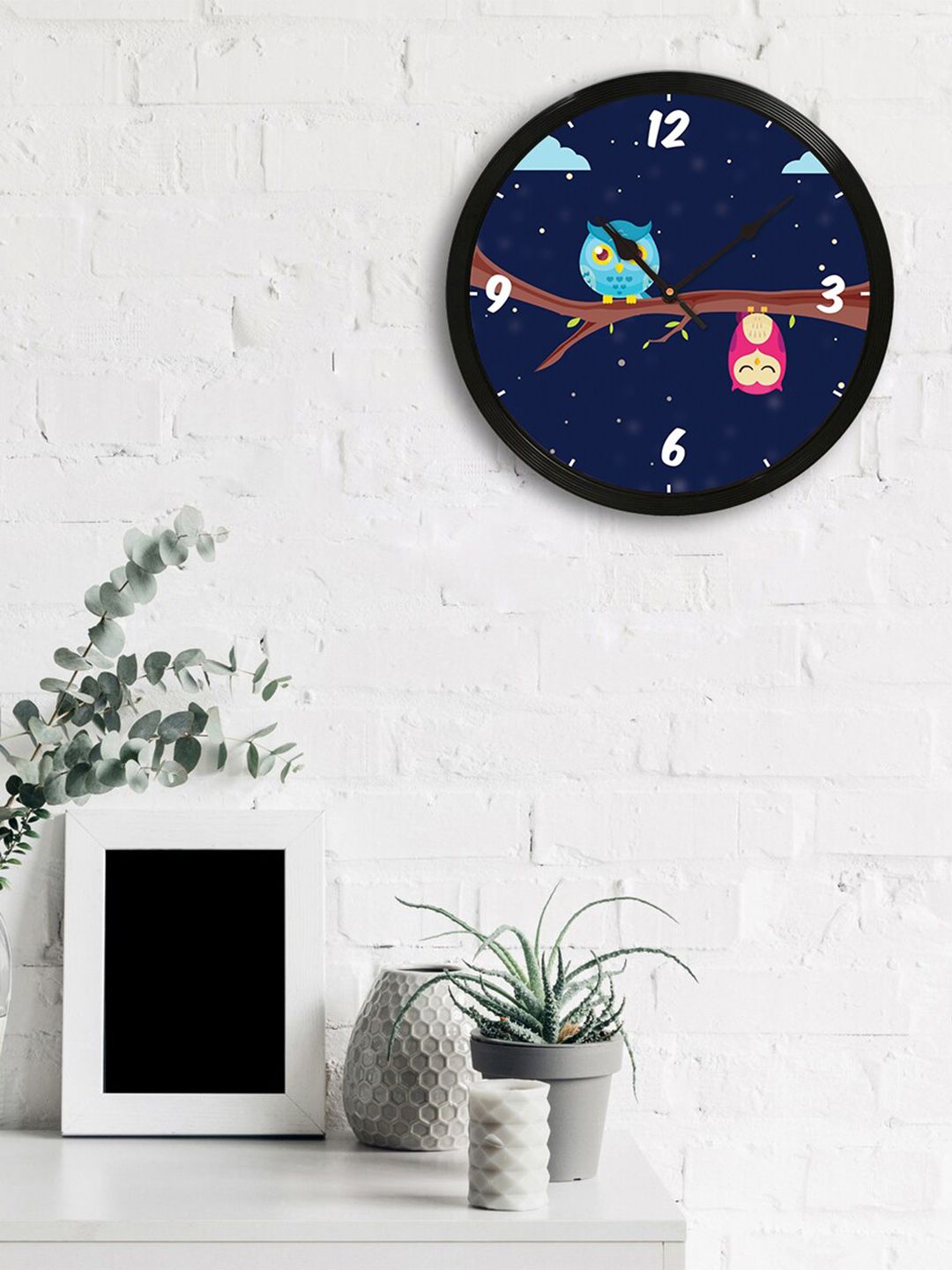 eCraftIndia Navy Blue Round Owl Printed 31cm Analogue Wall Clock Price in India