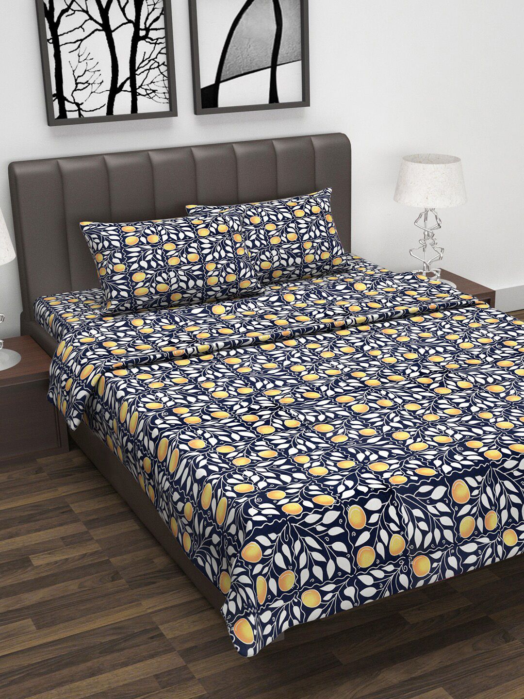Divine Casa Navy Blue & Yellow Floral Printed Double Queen Bedsheet With 2 Pillow Covers & Dohar Price in India