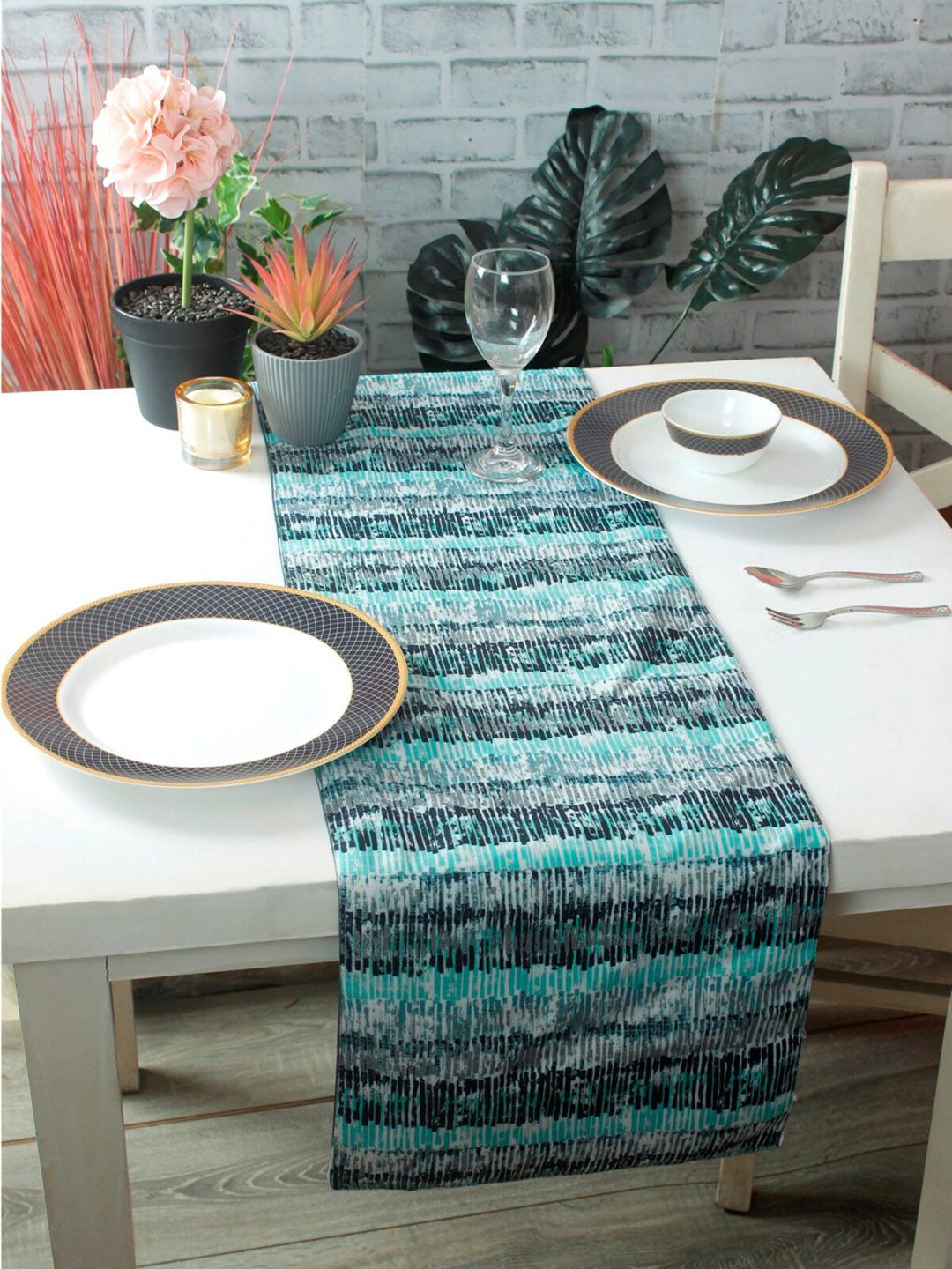 ROMEE Turquoise Blue & White Abstract Printed Table Runner Price in India