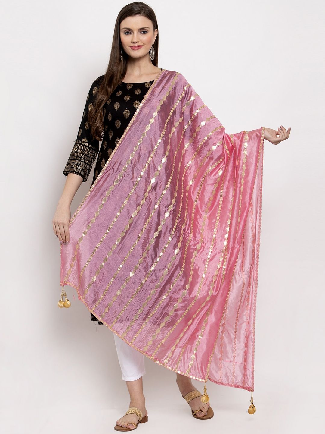 Clora Creation Pink & Gold-Coloured Striped Dupatta Price in India