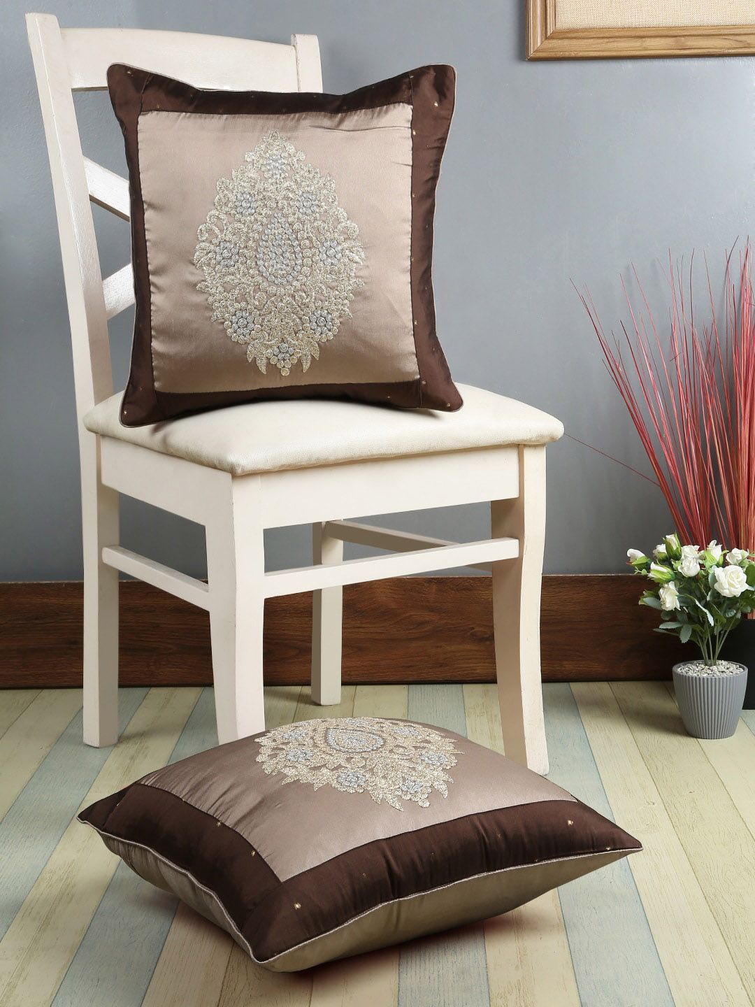 eyda Brown Set of 2 Embellished Square Cushion Covers Price in India