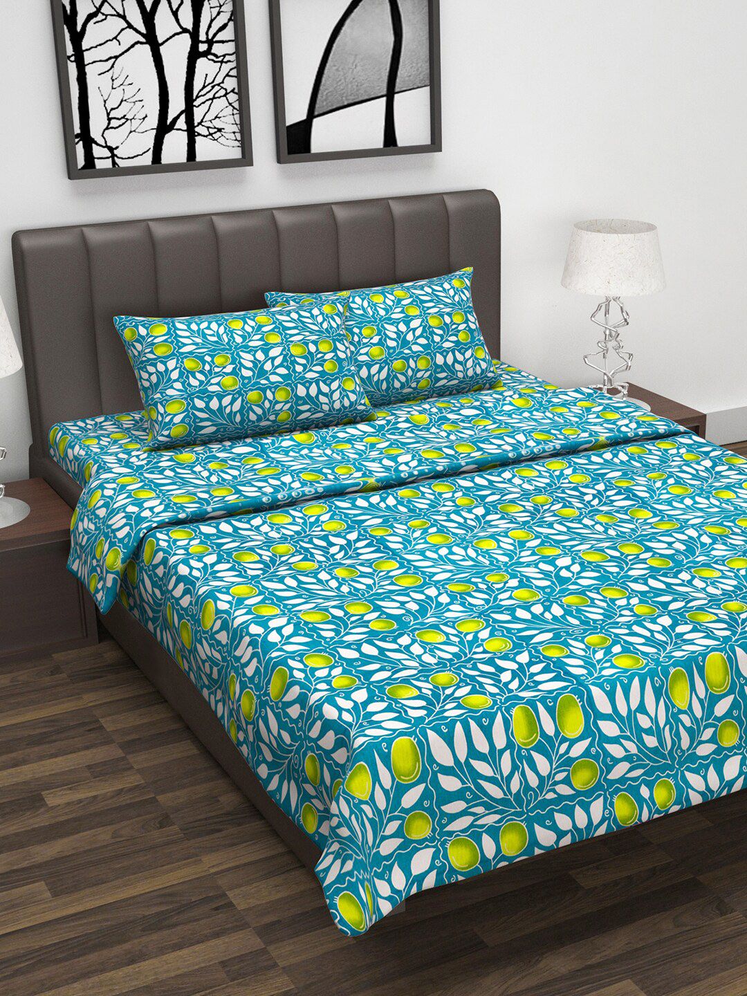 Divine Casa Unisex Turquoise Blue & Green Floral Printed Double Queen Bedsheet With 2 Pillow Covers & Dohar Price in India