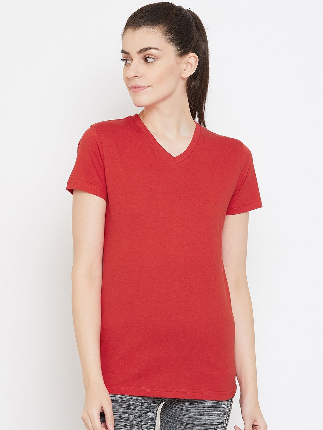 C9 AIRWEAR Women Red Solid V-Neck Pure Cotton T-shirt Price in India