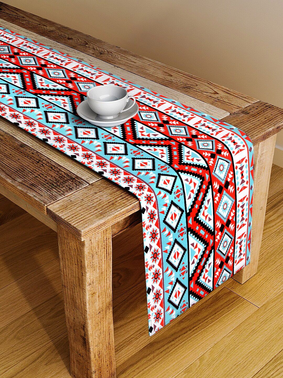 Alina decor Blue & Red Geometric Digital Printed Table Runner Price in India