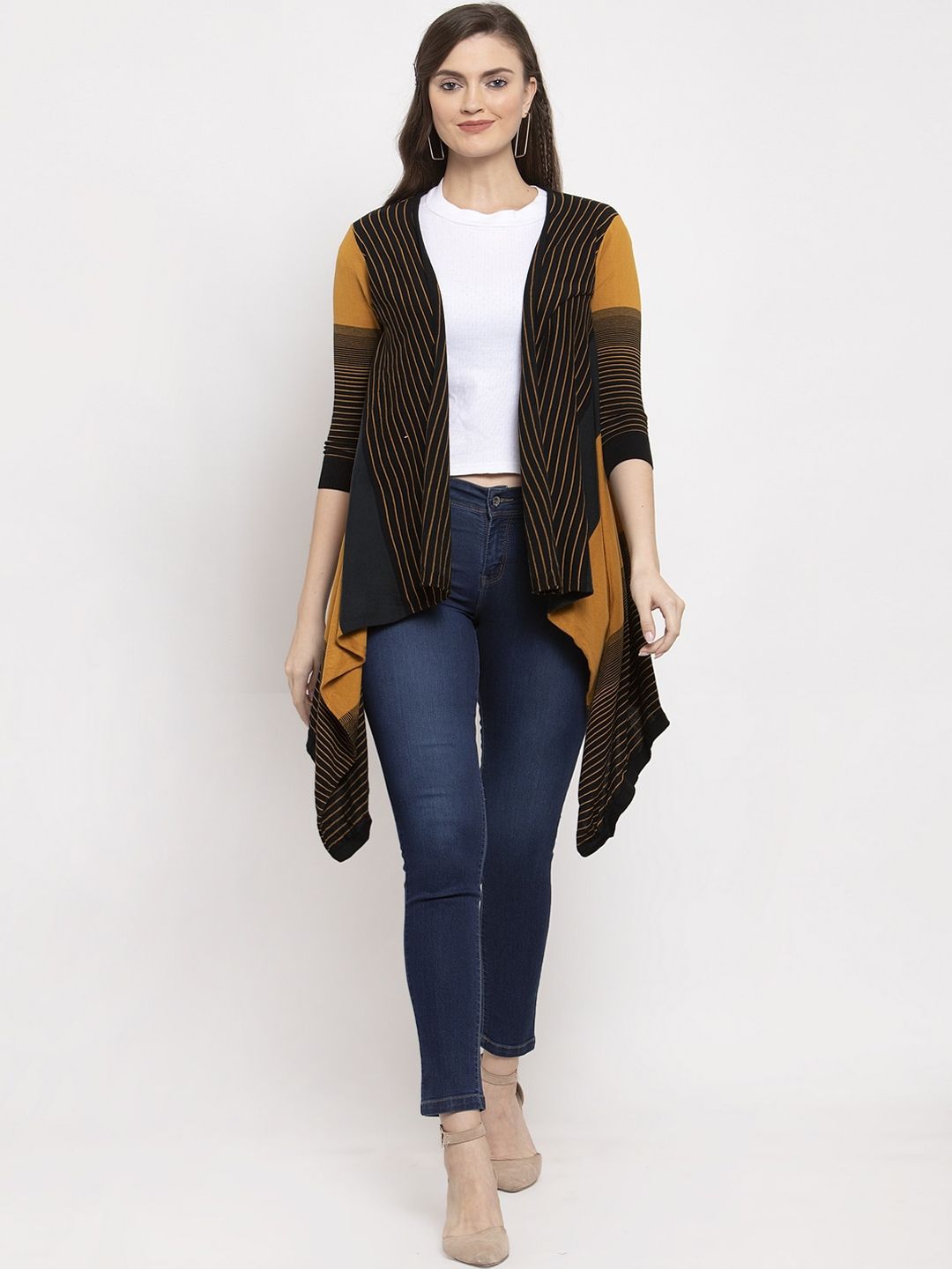 Kalt Women Mustard & Black Striped Open Front Shrug Price in India