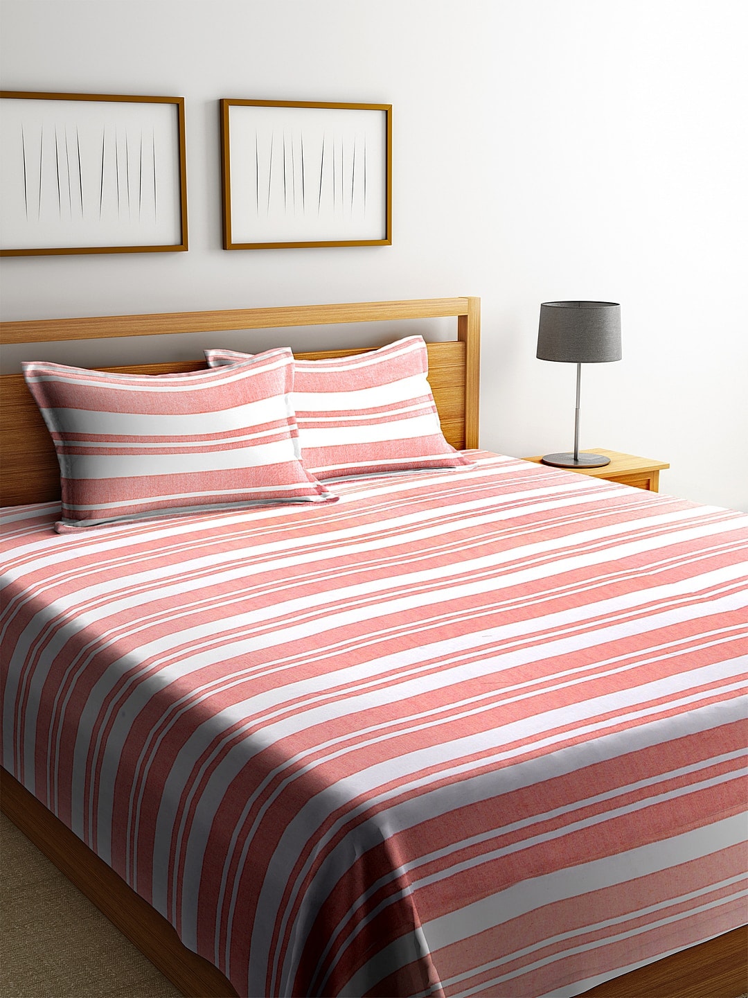 KLOTTHE Orange & White Striped Double Bed Cover With 2 Pillow Covers Price in India