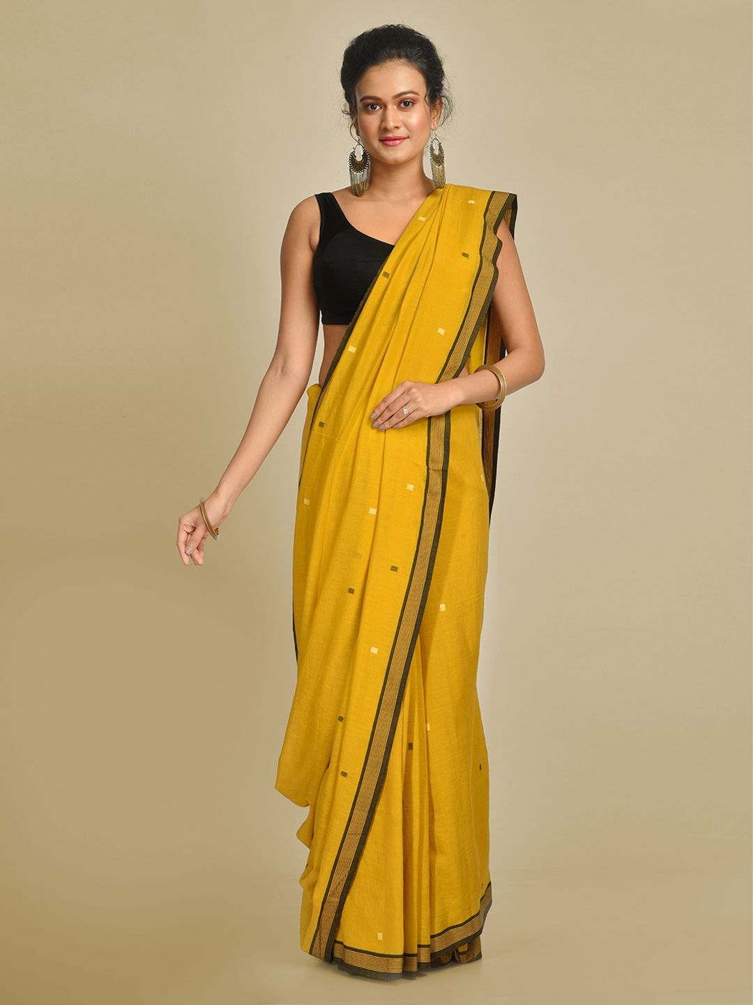 Mitera Mustard Pure Cotton Printed Taant Handloom Saree Price in India