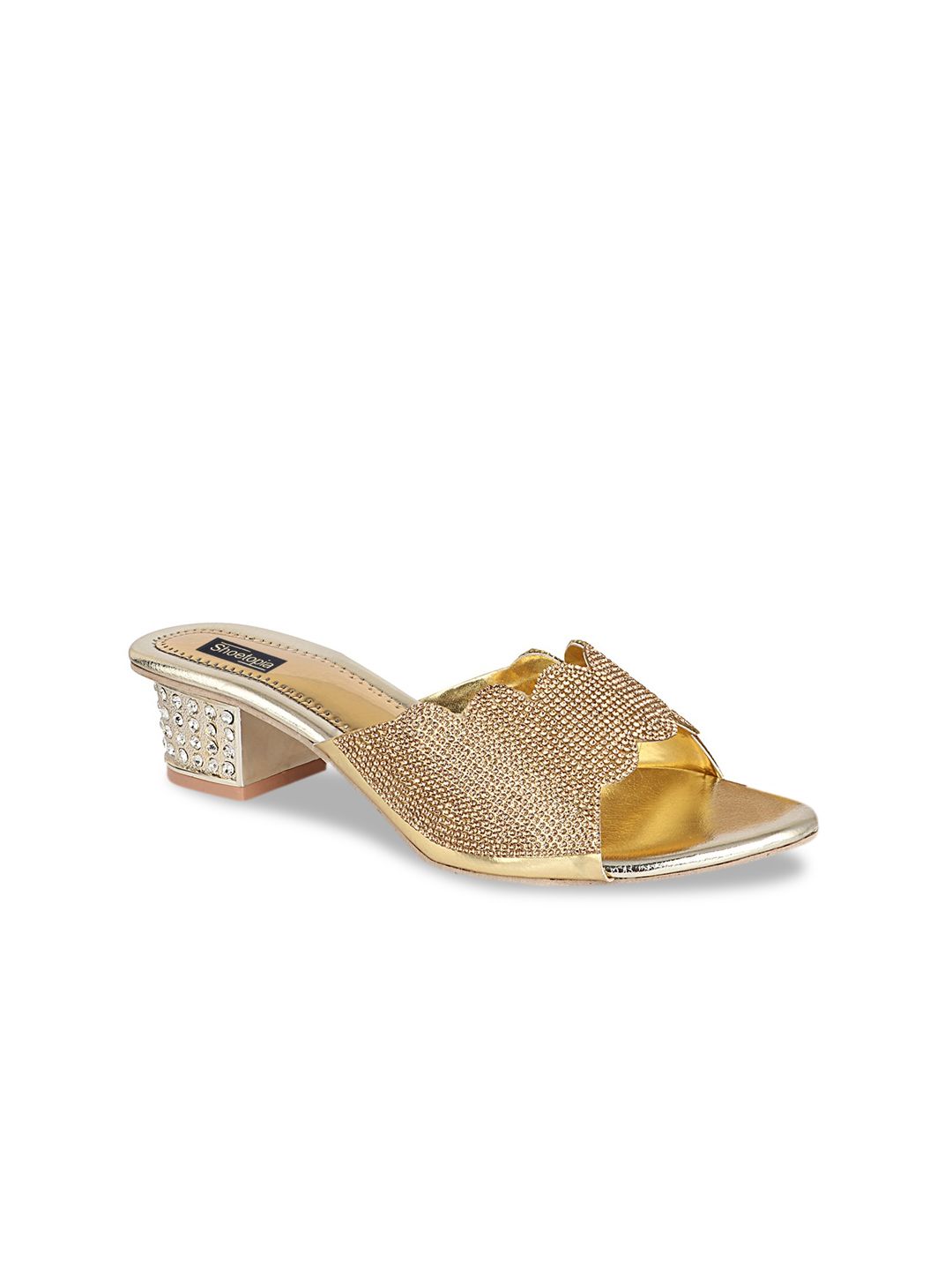 Shoetopia Women Muted Gold-Toned Embellished Block Heels Price in India