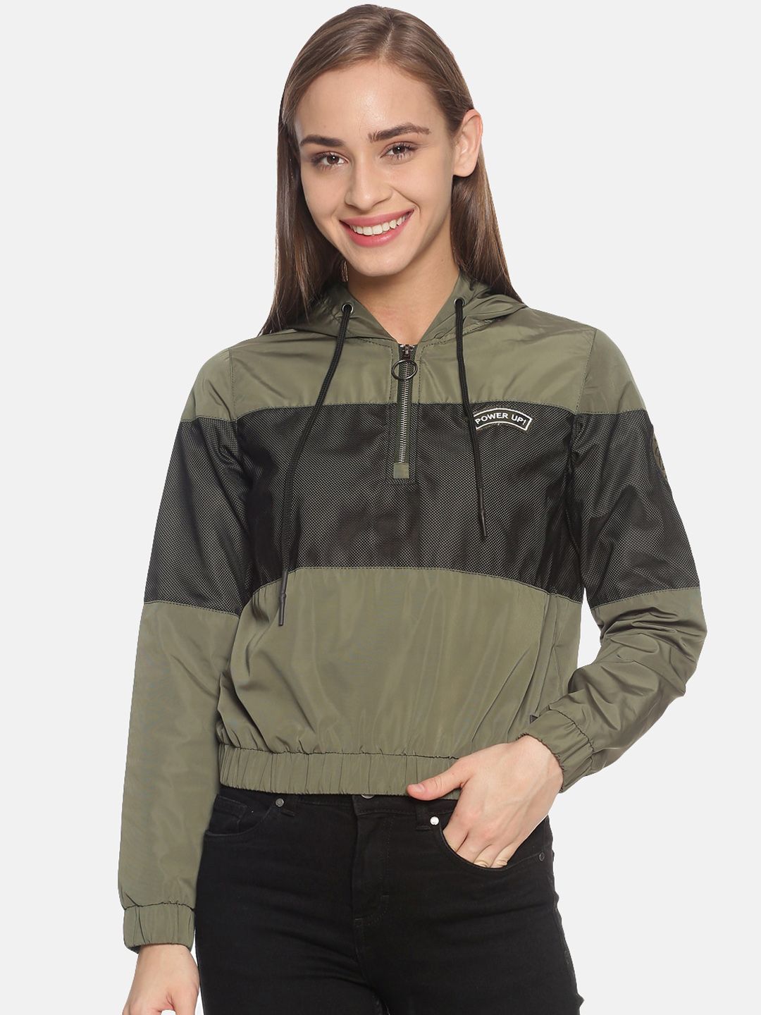 Campus Sutra Women Olive Green Colourblocked Windcheater Bomber Price in India