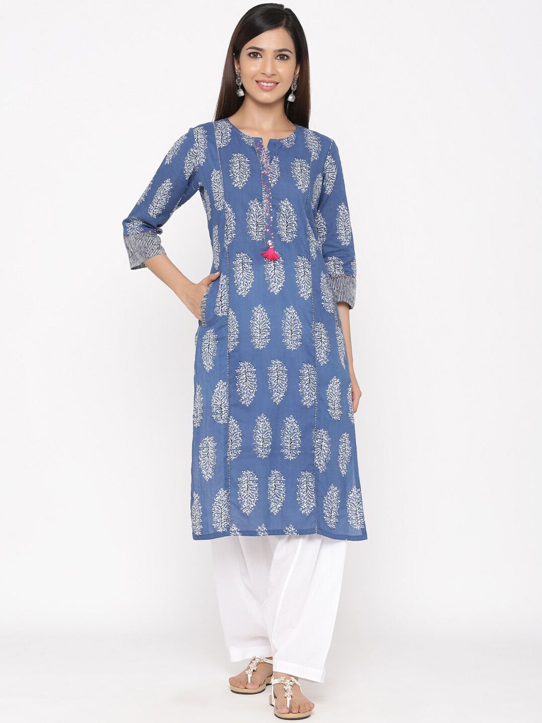 Jaipur Kurti Women Blue & White Printed Kurta with Salwar & Dupatta Price in India