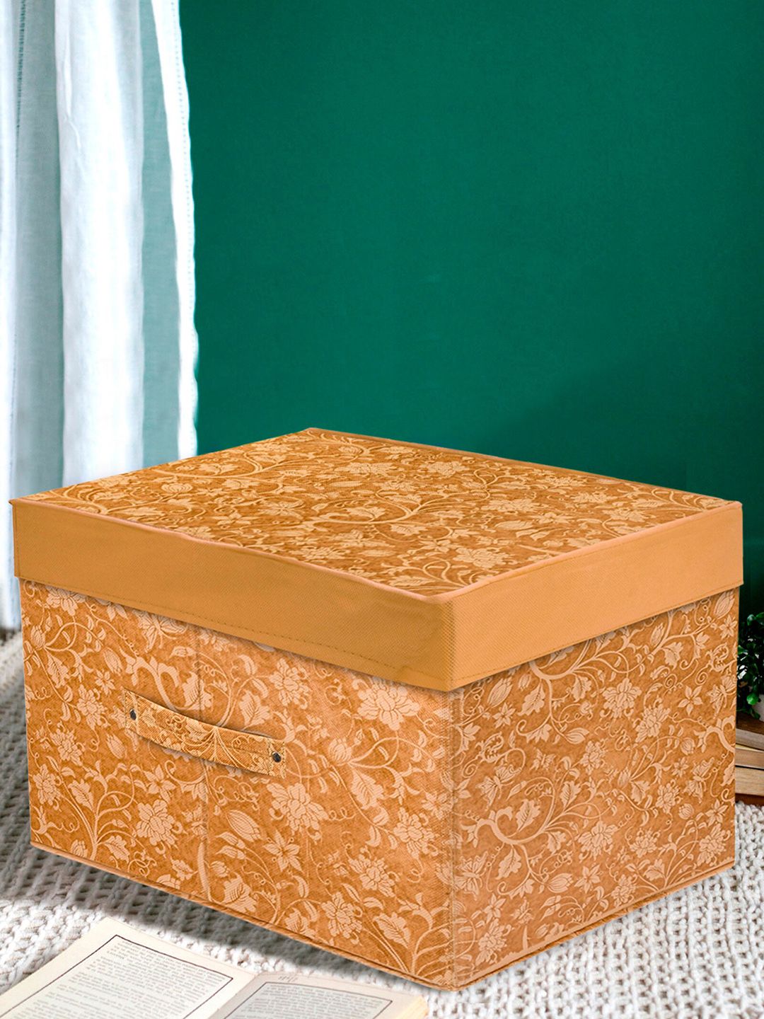 Kuber Industries Beige & Brown Floral Print Foldable Wardrobe Organizer Box With Lid Price in India