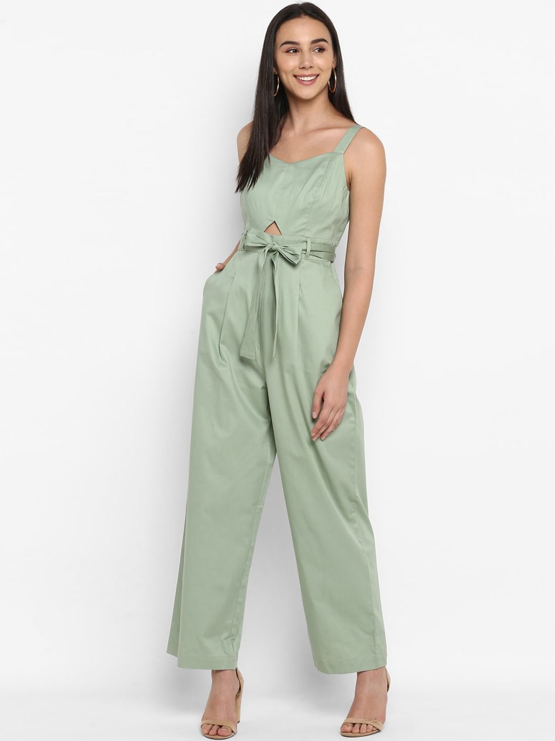 FOSH Women Green Solid Basic Jumpsuit Price in India
