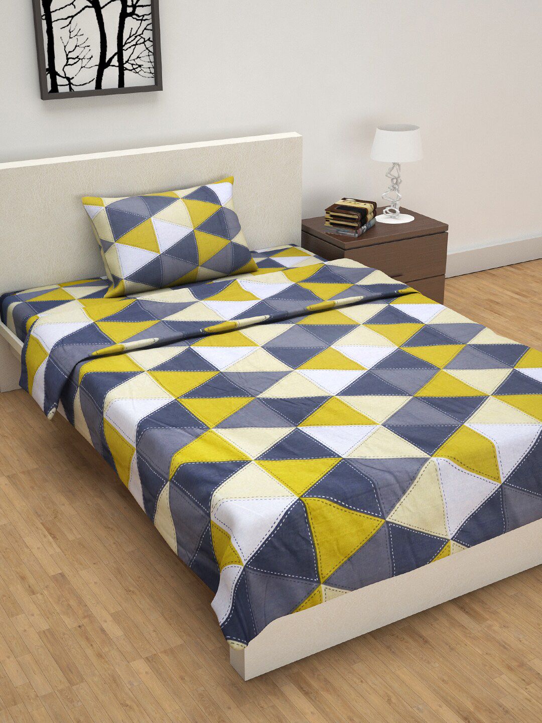 Divine Casa Yellow & Blue Geometric Printed Single Bed Bedsheet With Pillow Cover & Dohar Price in India