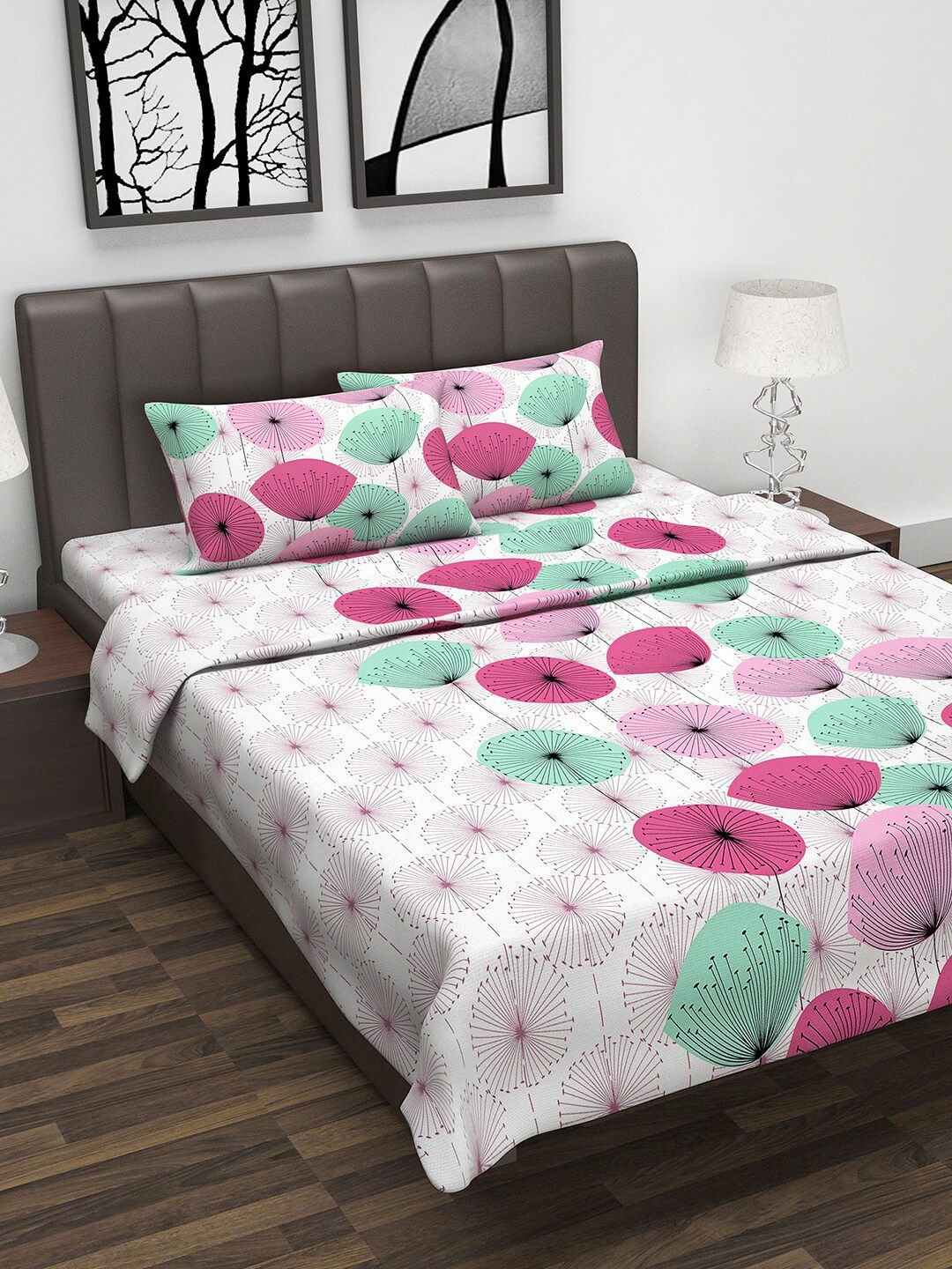 Divine Casa White & Pink Floral Printed Double Queen Bedsheet With 2 Pillow Covers & Dohar Price in India