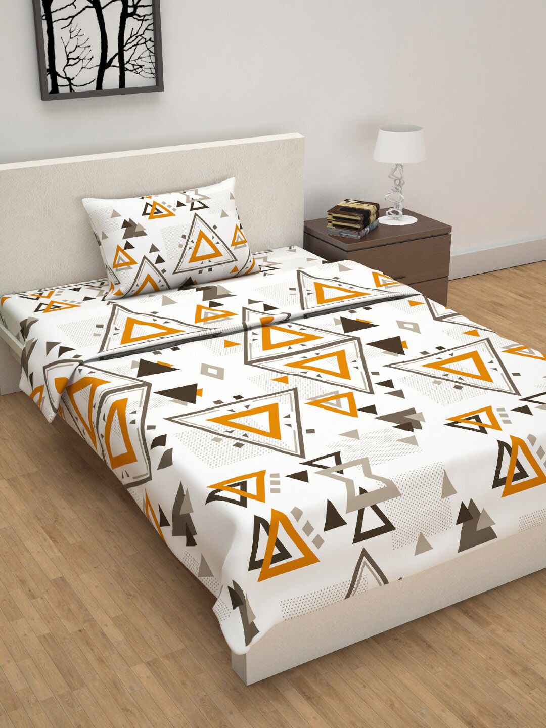 Divine Casa White & Orange Geometric Printed Single Bed Bedsheet With Pillow Cover & Dohar Price in India