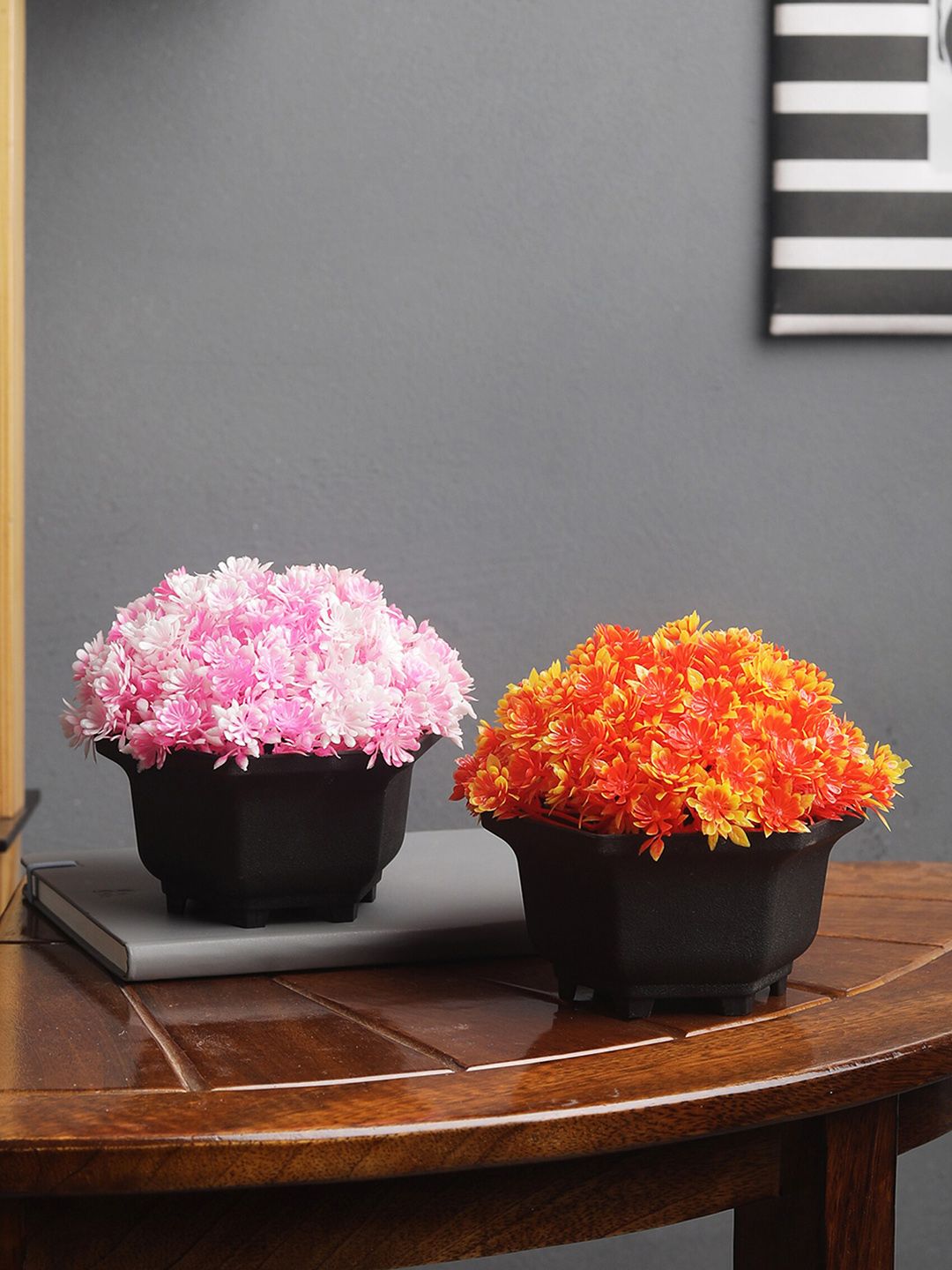 FOLIYAJ Set Of 2 Orange & Pink Artifical Mini Bushes With Black Pots Price in India