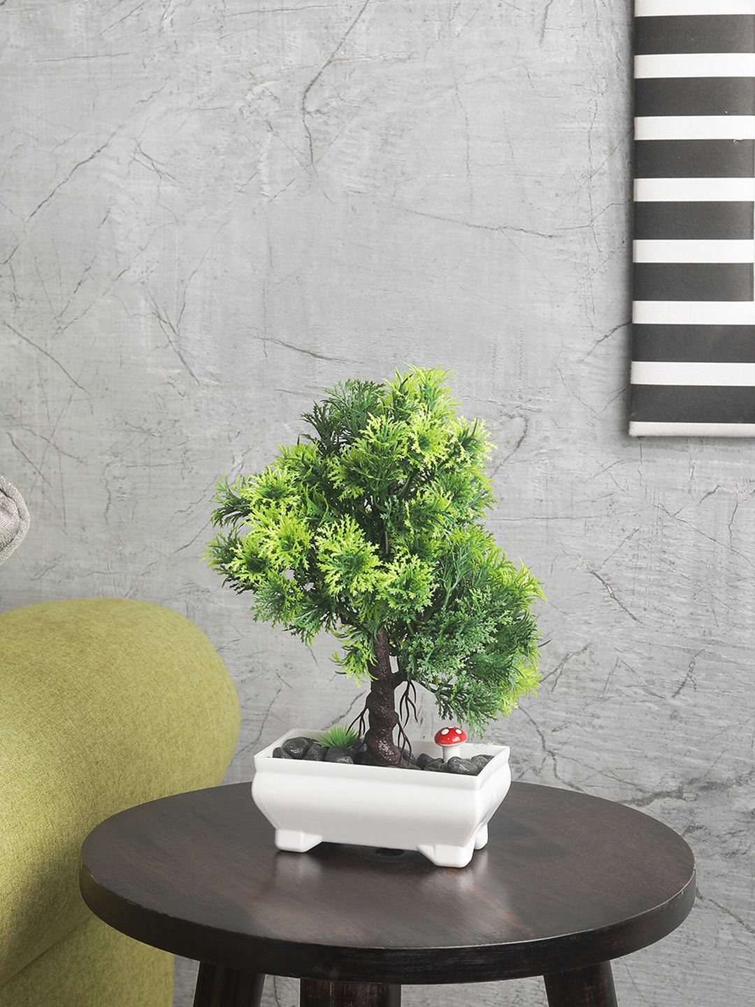 FOLIYAJ Green Artifical 3 Branched Bonsai Tree With White Pot Price in India