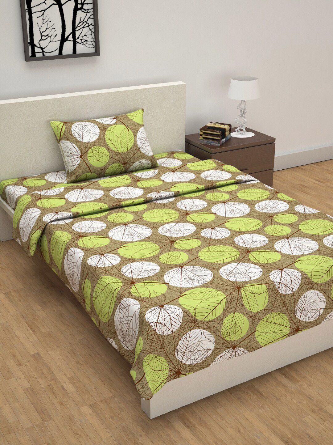 Divine Casa Brown & Green Floral Printed Single Bed Bedsheet With Pillow Cover & Dohar Price in India