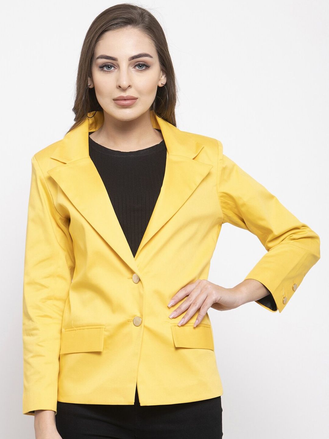 Purple State Women Yellow Solid Single-Breasted Casual Blazer Price in India