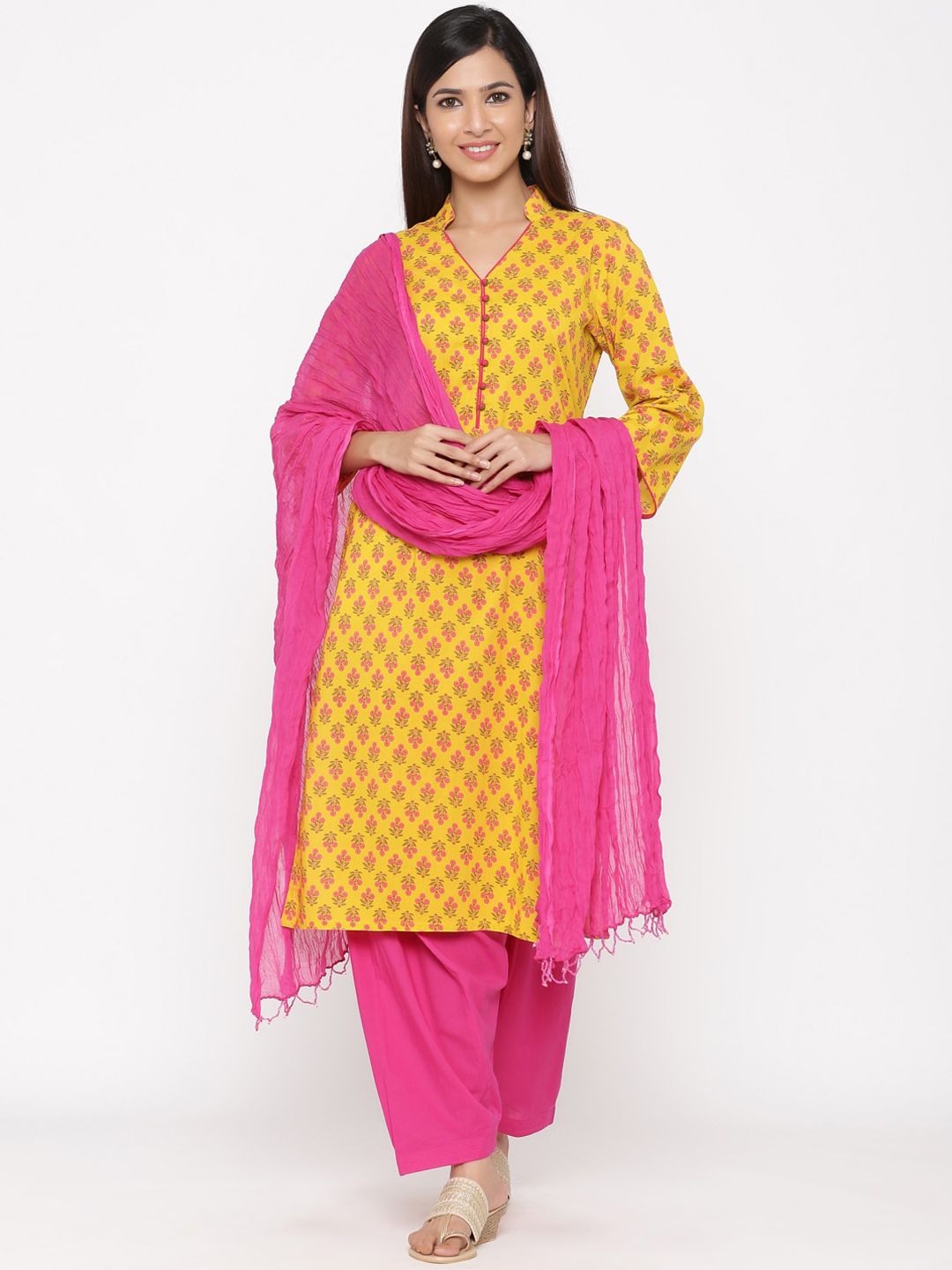 Jaipur Kurti Women Yellow & Pink Floral Printed Kurta with Salwar & Dupatta Price in India