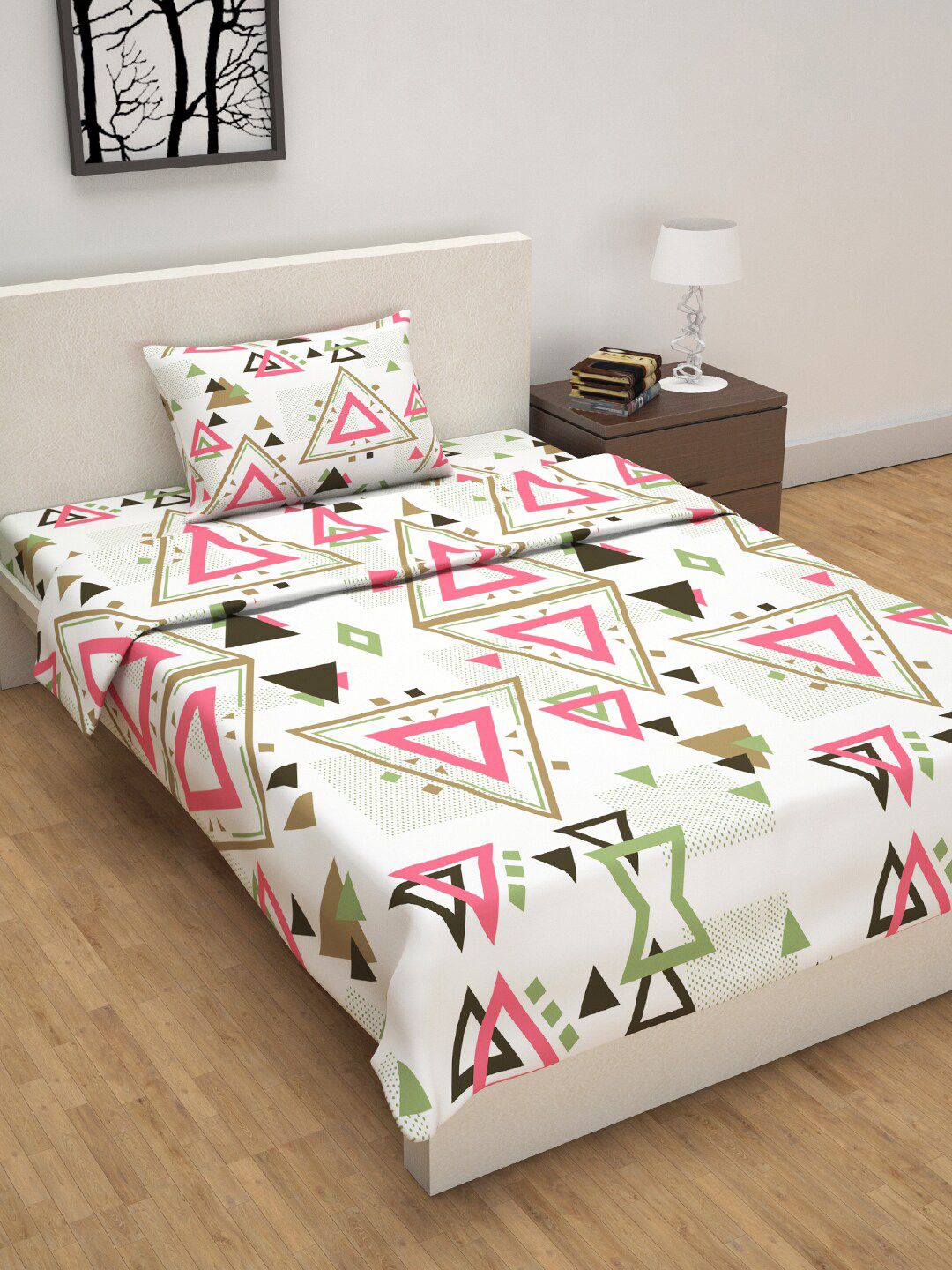 Divine Casa White & Pink Geometric Printed Single Bed Bedsheet With Pillow Cover & Dohar Price in India