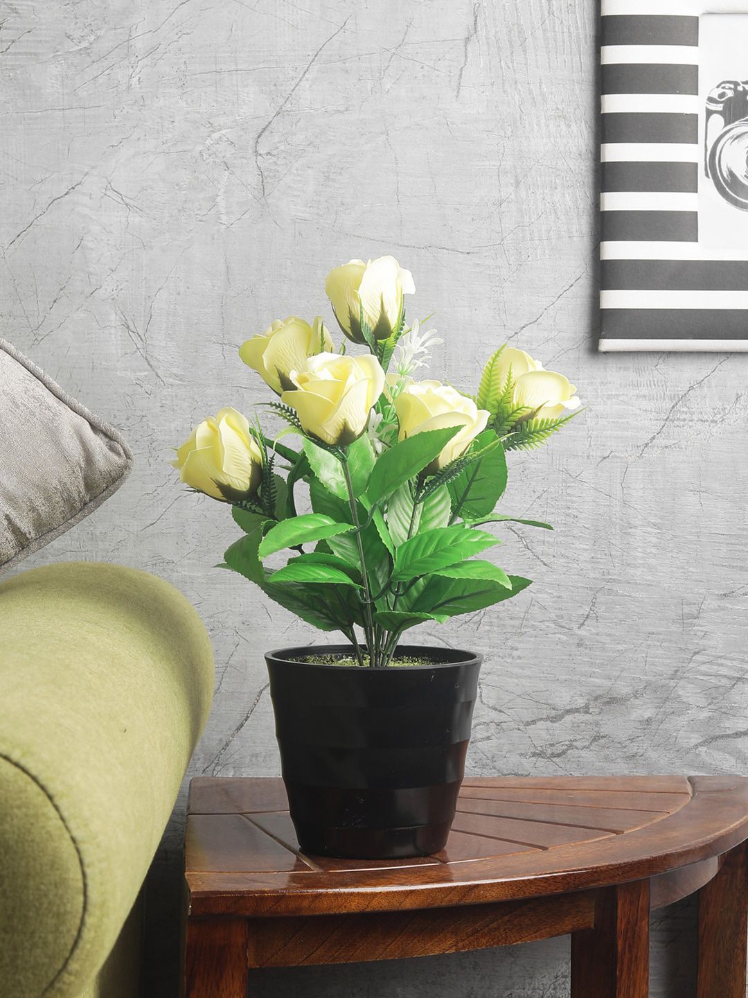 FOLIYAJ Green & Yellow Mini Plant With 7 Yellow Roses & Pot Price in India