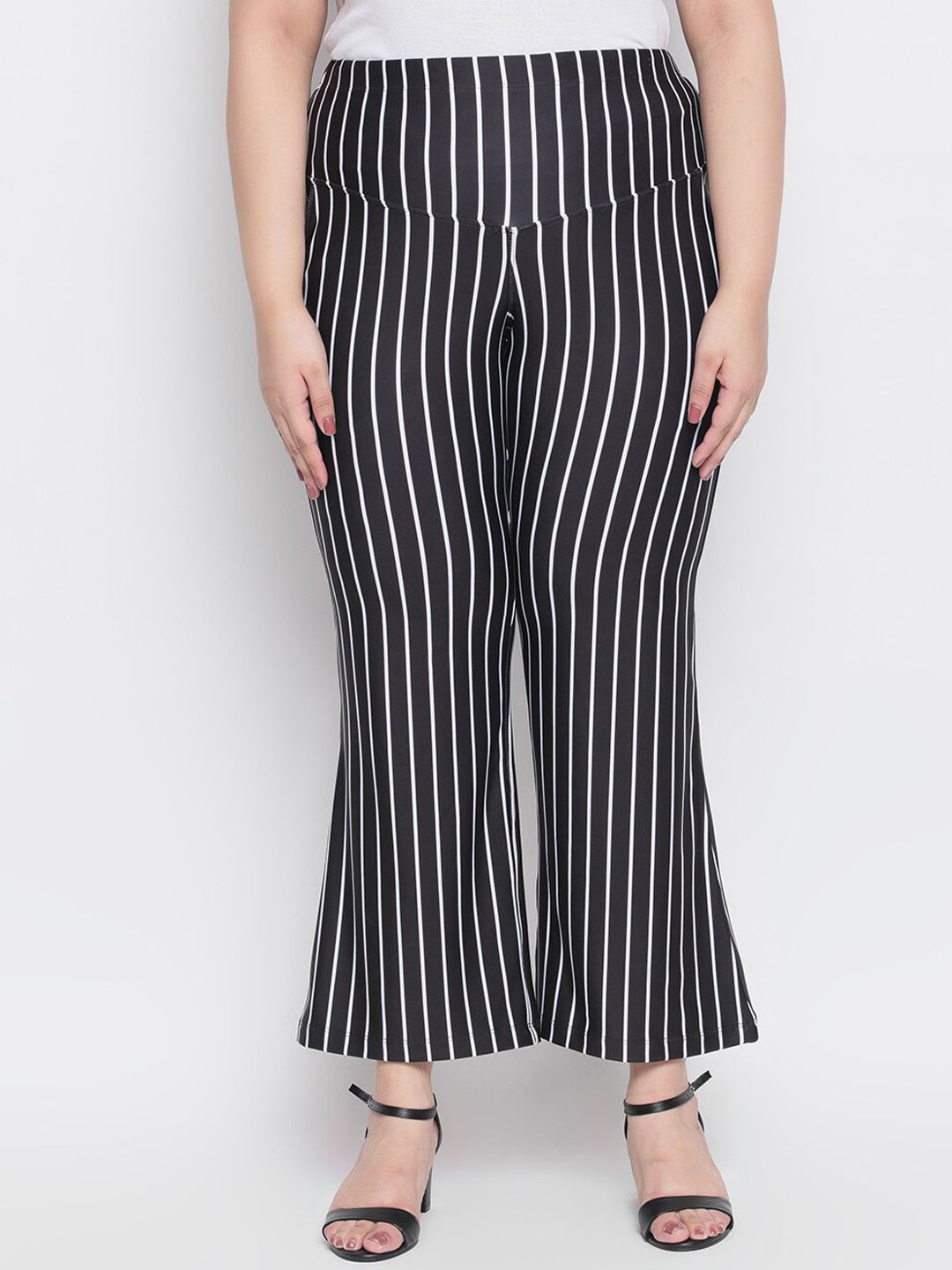 Amydus Women Plus Size Black & White Regular Fit Striped Tummy Shaper Parallel Trousers Price in India